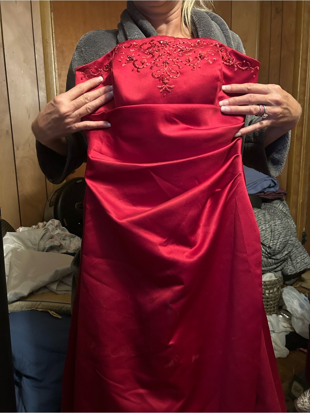 David bridal Strapless Red Satin Evening Dress with Beaded Bodice